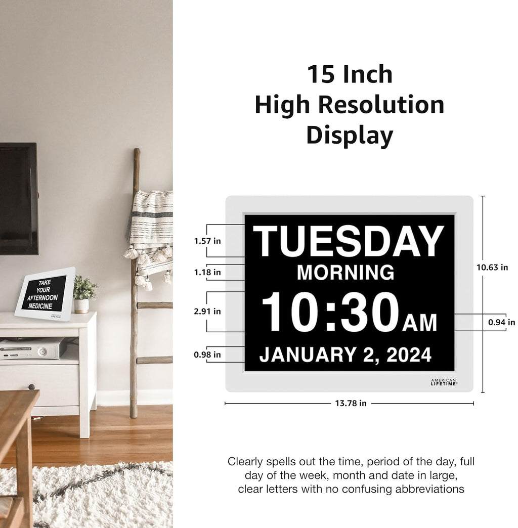 American Lifetime 【New 2024 Dementia Clock Large Digital Clock for Seniors, Digital Clock Large Display, Custom Alarms, Clock with Day & Date for Elderly, Large Number Digital Clock Black, 15 Inch