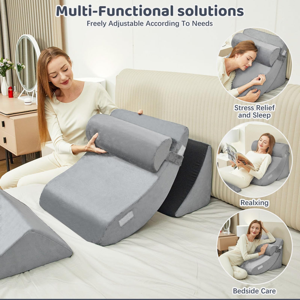 PIASHJOY 4pcs Bed Wedge Pillow for headboard，Elevated Pillows for Sleeping， Foam Wedge for Back Pain Relief and Leg Pain，Pillow Wedge for Acid Reflux Relief and Anti-snoring