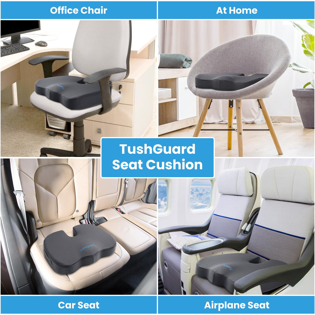 TushGuard Seat Cushion for Office Chair Memory Foam Non-Slip Cushion Back, Relief Chair Pad, Butt Pillow for Office, Car, Computer Desk, Grey, X-Large
