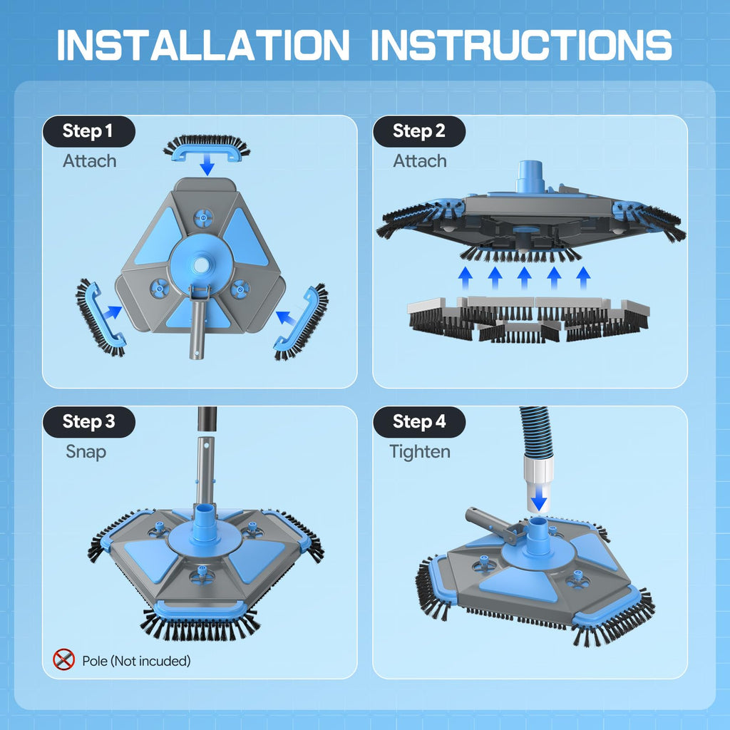 UIRWAY Upgrade Pool Vacuum Head with Side Brush & 360° Swivel Cuff, Heavy Duty Manual Kink-Resistant 1-1/2" x 30 Ft Vacuum Hoses, Weighted Triangular Shape for Inground & Above Ground Pool(No Pole)