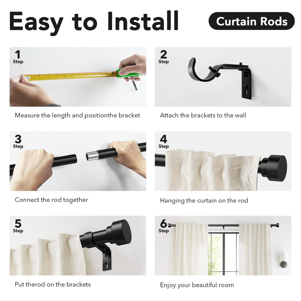 IFELS Heavy Duty Curtain Rods for Windows 66 to 120 Inch, 1 Inch Adjustable Black Curtain Rod Set with Easy Installation and Modern Design (A1,Black,30-120")
