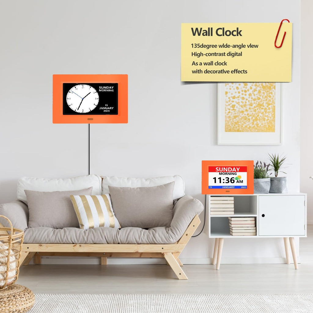 LXBYJKJ 7 Inch Digital Clock with Day and Date for Elderly Alzheimer's Dementia Clock Customizable Alarms 3 Display Modes Large Font Digital Alarm Clock for Seniors Orange
