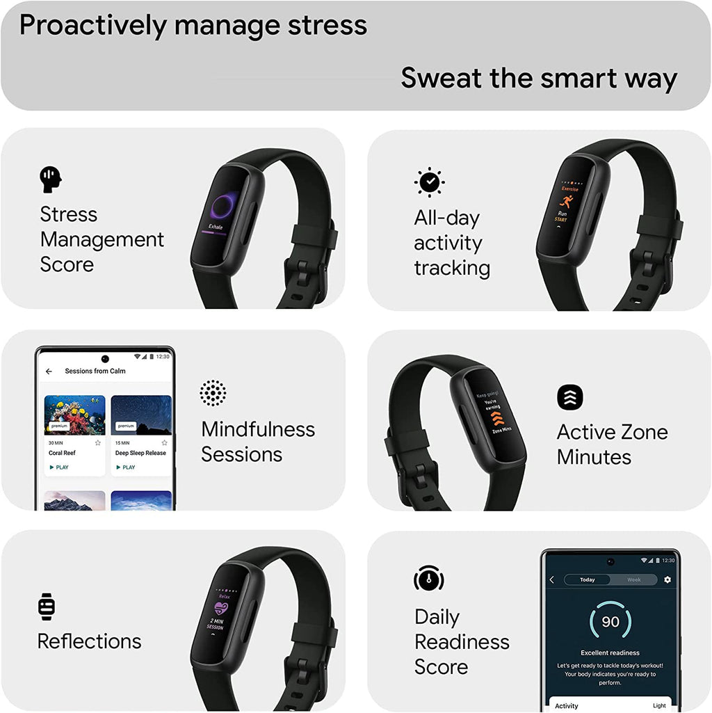 Fitbit Inspire 3 Health & Fitness Activity Tracker (Black) with Workout Intensity, Sleep Tracking, Heart Rate, S & L Bands, 3.3foot Charging Cable, Wall Adapter, Screen Protectors & PremGear Cloth