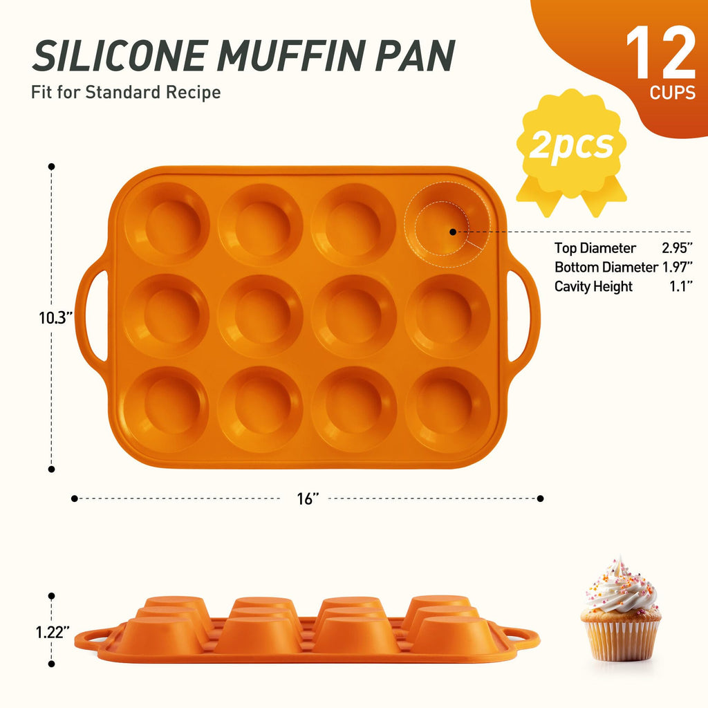 2 Packs 12 Cups Silicone Muffin Pan with Metal Reinforced Frame Regular Size Cupcake Pan Tray Egg Bites Silicone Cookie Molds Muffin Tin Tart Pans Baking Set for Easter Christmas holiday Cookie