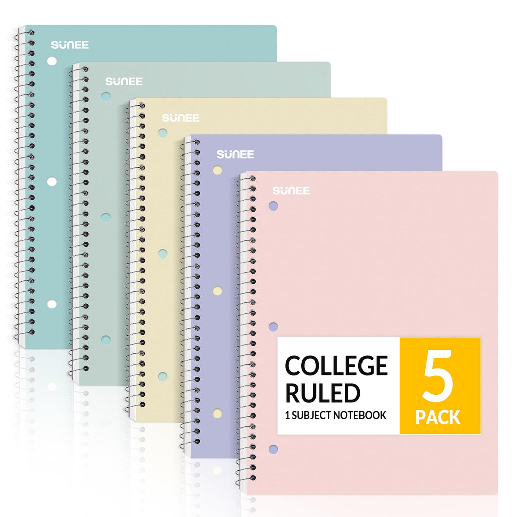 Spiral Notebooks, 1-Subject, 5 Pack, College Ruled Paper, 8" x 10-1/2", 70 Sheets per Notebook,3-Hole Punched Paper, Pink,Purple, Blue, Green, Yellow Spiral Lined Notebooks for School,Work
