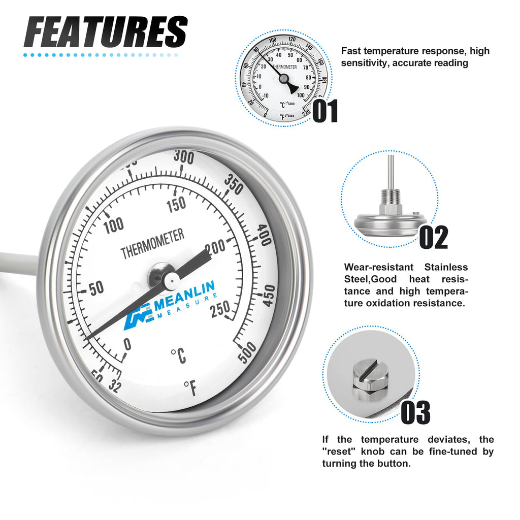MEANLIN MEASURE 2Pcs 1/2" NPT Bimetal Thermometer for hot Water, boilers, and Pipes，3" Dial, 4" Stainless Steel Stem，Temperature Range 50-500°F/10-250°C, Accuracy 2%,Lower Mount