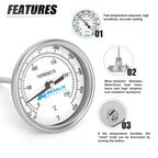 MEANLIN MEASURE 2Pcs 1/2" NPT Bimetal Thermometer for hot Water, boilers, and Pipes，3" Dial, 4" Stainless Steel Stem，Temperature Range 50-500°F/10-250°C, Accuracy 2%,Lower Mount