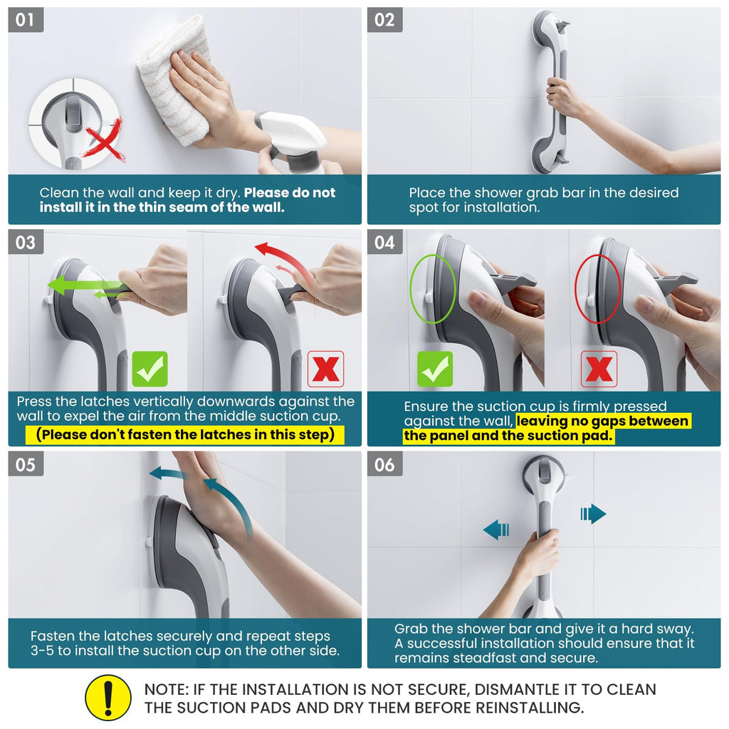 TAILI Shower Grab Bar 16 Inch Suction Cup Grab Bars for Bathroom & Shower, Removable Shower Safety Handle Heavy Duty Bathtub Grip for Seniors & Elderly, Strong Handrails No Drilling Waterproof, Grey