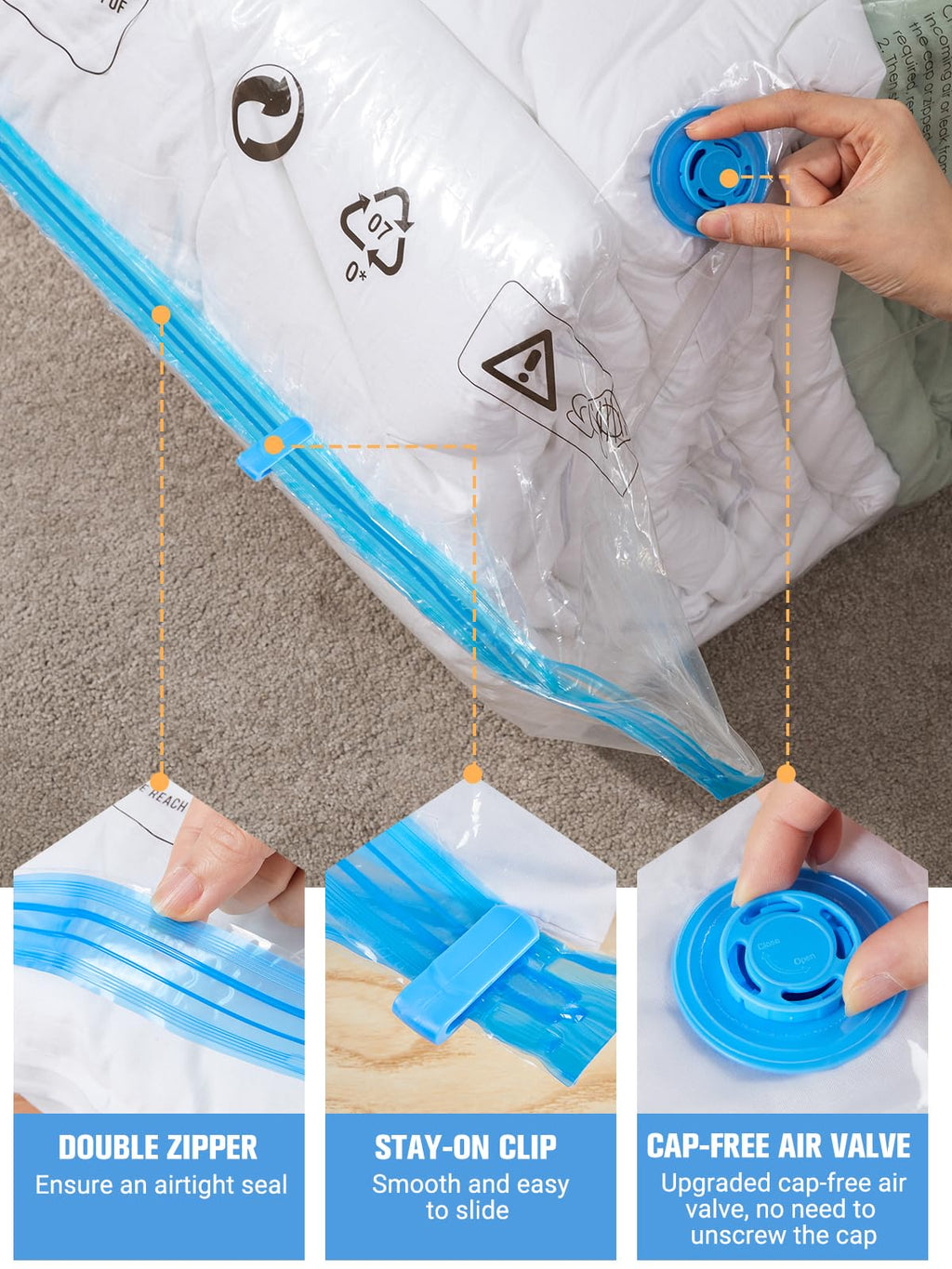 Vacuum Storage Bags with Electric Air Pump, New Air Valve 15 Pack (3 Jumbo, 3 Large, 3 Medium, 3 Small, 3 Roll Up Bags) Space Saver Bag, Vacuum Sealer Bags for Clothes, Pillows, Comforters, Travel