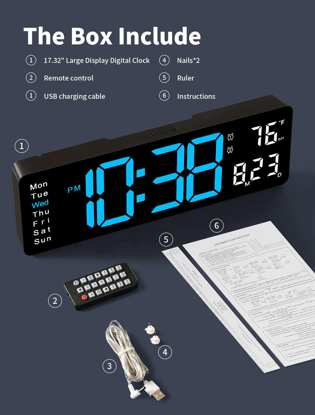 MASHI Digital Wall Clock, 17.3" Large Display Digital Clock with Remote Control, Auto-Dimming Wall Clock with Night Light, DST, Date Week,Temp for Living Room, Bedroom, Decor, Gift for Elderly