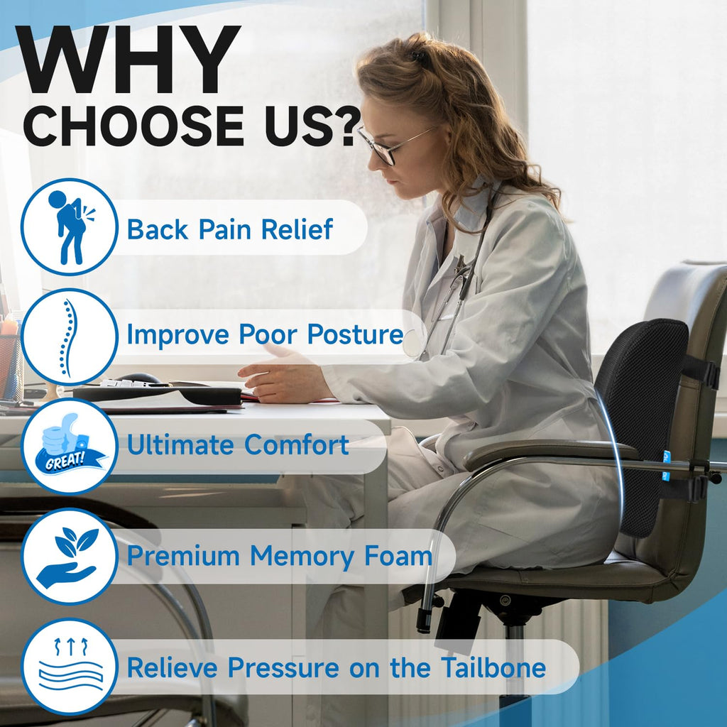 Lumbar Support Pillow for Office Chair, Memory Foam Office Chair Back Support,Lower Back Pillow for Car Seat, Back Pain Relief, Back Pillow for Chair with Adjustable Strap and Mesh Washable Cover
