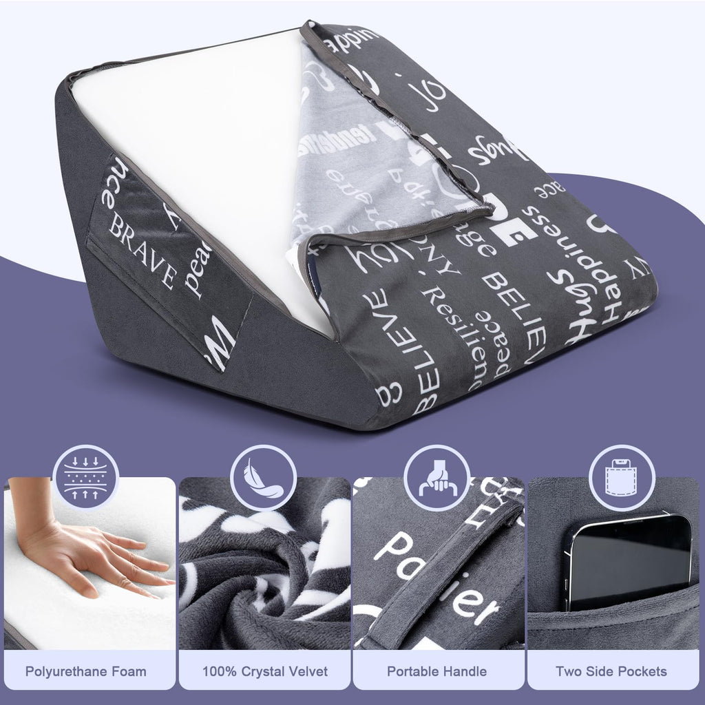 MYLIFESION Knee Wedge Pillow, Leg Elevation Triangle Pillow for Post Surgery, Back Pain Relief, Bed Wedge Pillowcase for Sleeping with Removable Cover and Positive Energy Words
