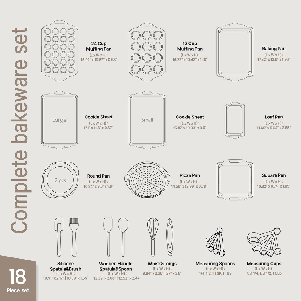 BAKKENMASTER 18-Piece Deluxe Nonstick Carbon Steel Bakeware Set - Professional Kitchen Oven Baking Pans with White Silicone Handles and Accessories