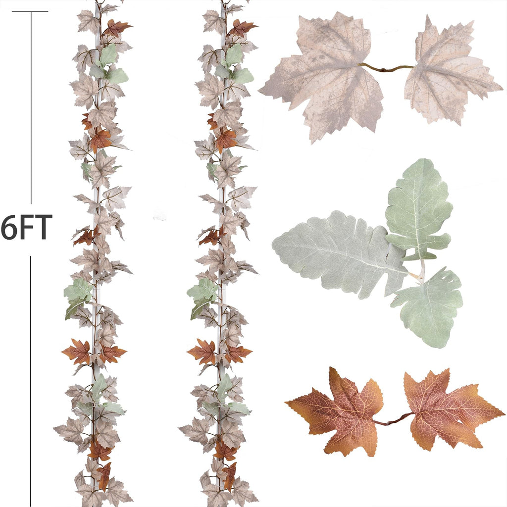 DearHouse 2 Pack Fall Garland Maple Leaf, 5.9Ft/Piece Hanging Vine Garland White Autumn Foliage Garland Thanksgiving Decor for Home Wedding Fireplace Party Christmas (White&Orange)