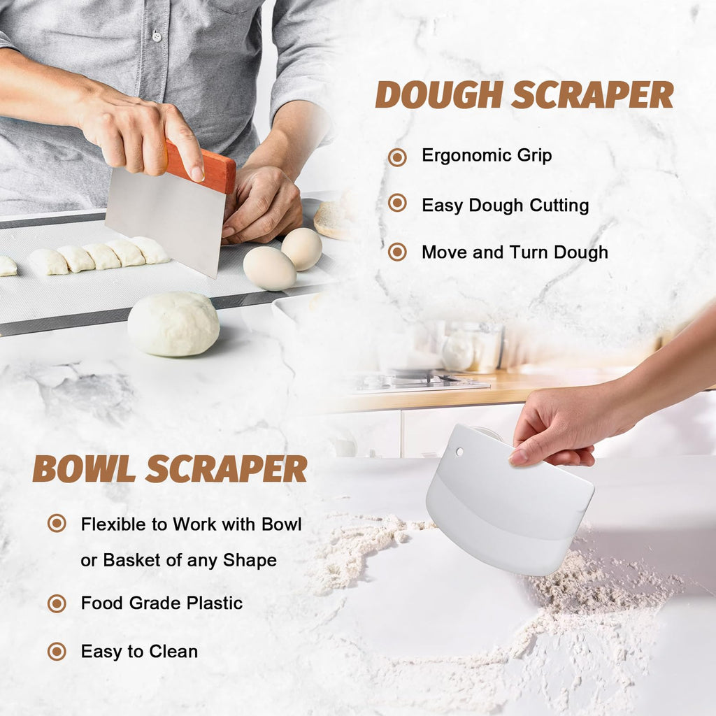 Sourdough Proofing Basket Gift Set, 9" Round and 10" Oval Banneton Bread Baking Supplies, Sourdough Baskets with Bread Lame, Danish Whish, Bowl Scraper, Sourdough Scraper, and Linen Liners