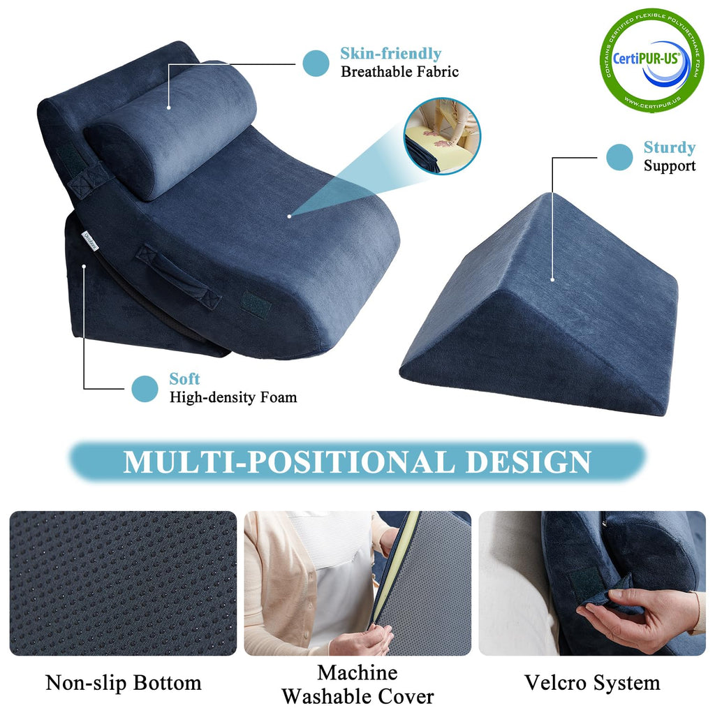 Qirroboni 4PCS Orthopedic Bed Wedge Pillow Set, Adjustable Pillows for Neck Back and Leg Pain Relief Comfortable & Post Surgery Foam- Heartburn Anti Snoring Acid Reflux & GERD Sleeping Full Navy