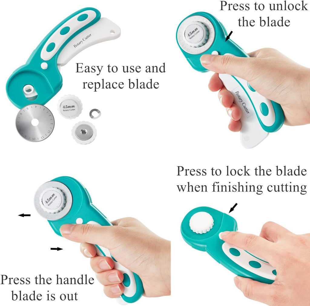 Rotary Cutter Set - Quilting Kit incl. 45mm Fabric Cutter, 5 Replacement Blades, A1 Cutting Mat, Acrylic Quilting Ruler and Sewing Clips, Craft Knife Set, Ideal for Crafting, Sewing, Patchworking