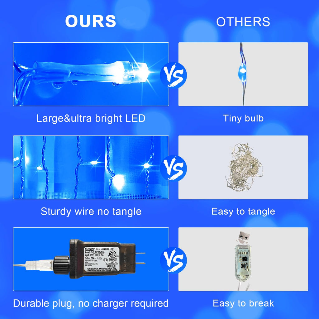 JMEXSUSS 300LED Blue Curtain Lights, Christmas Curtain Hanging Lights with Remote, Blue String Lights for Bedroom Wall Window Backdrop Garden Christmas Indoor Outdoor Decorations
