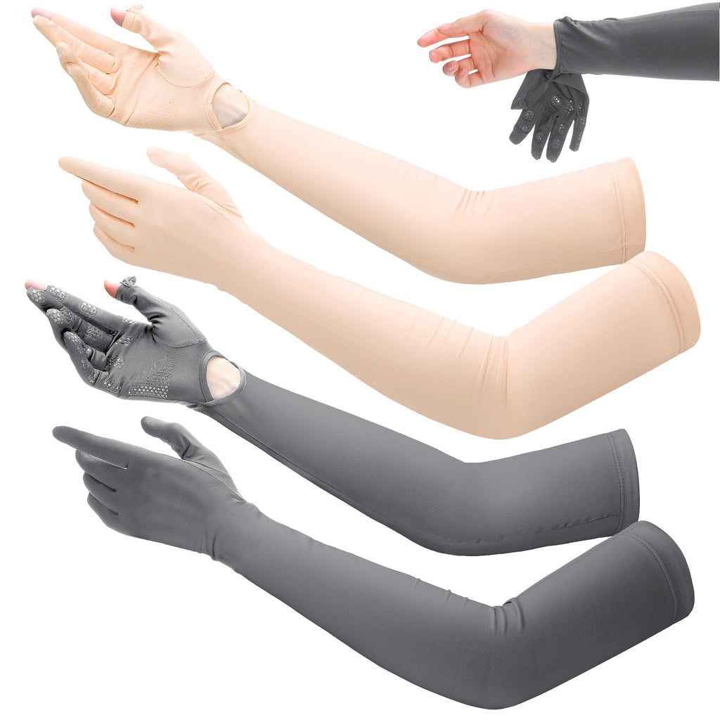 2 Pairs Women UV Long Sun Protection Gloves Touchscreen Arm Sun Driving Gloves UPF 50+ for Outdoor Sports Cycling (Gray, Orange)