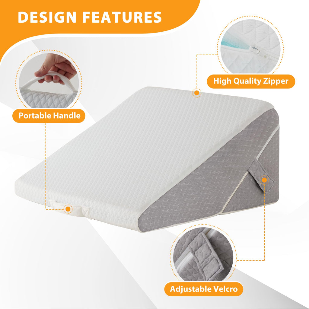 Ruqmuis Bed Wedge Pillow for Sleeping, 9&12 Inch Adjustable Wedge Pillow Set for After Surgery, Triangle Pillow for Back Pain Relief, Leg Support, Acid Reflux, Gerd, White/Grey