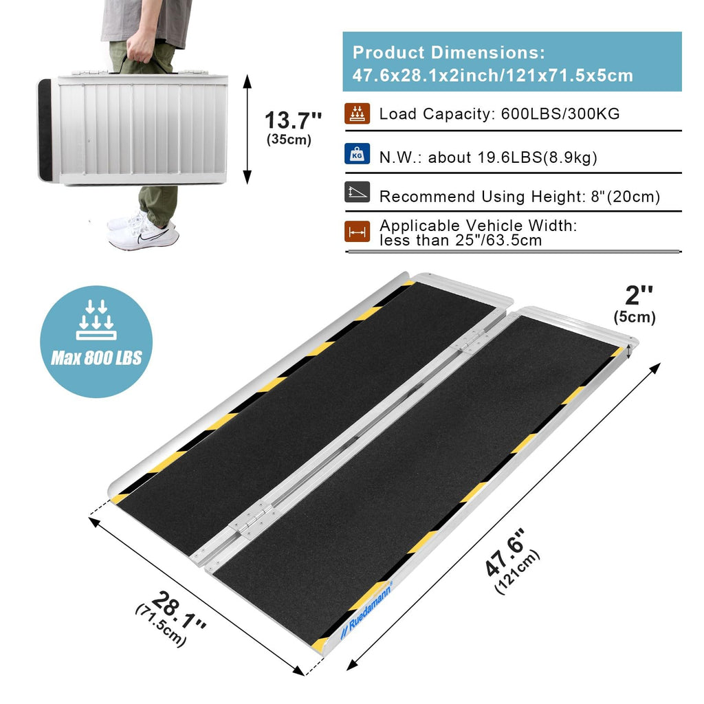 Ruedamann 4'L x 28.1" W, Holds up to 600Lbs, Wheelchair Ramp with Non-Slip Surface, Portable Aluminum Wheelchair Ramp, Folding Ramps for Wheelchairs, Home, Steps, Stairs, Handicaps, Doorways