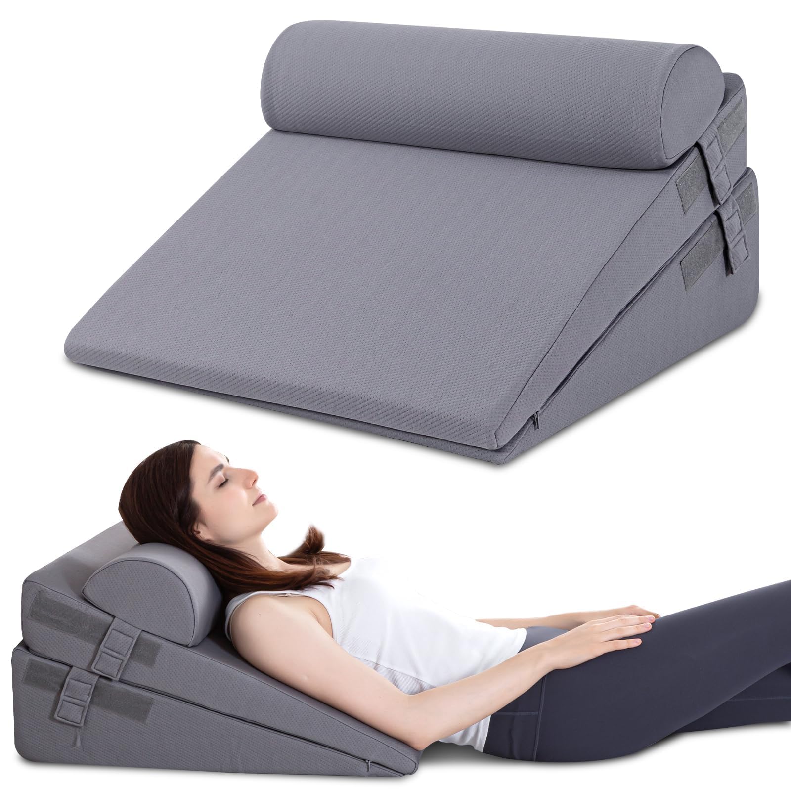 GOHOME Cooling Wedge Pillow Set for After Surgery, 3-Piece Adjustable Memory Foam Bed Wedge Pillow for Sleeping - Acid Reflux, Snoring, Neck Pain and Back Pain, Grey