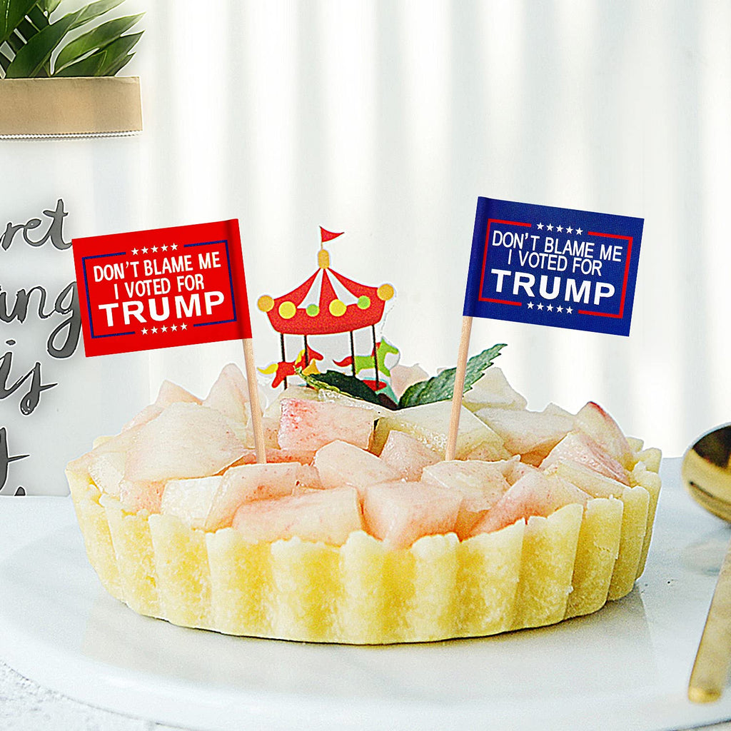 ZXvZYT Dont Blame Me I Voted for Trump 2024 Flag Toothpick,Small Mini Donald Trump Cupcake Toppers Stick flags Decoration(50Pcs Blue and 50Pcs Red)