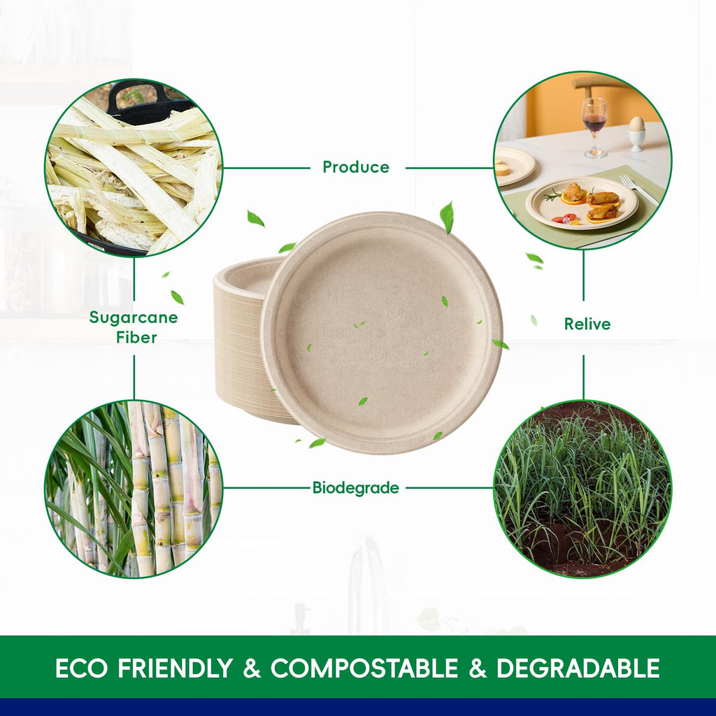 JOLLY CHEF Compostable Heavy Duty Plates 9 Inch [100 Pack] Eco-Friendly Disposable Natural Paper Plates Bagasse Biodegradable Plates Bulk for Party Dinner Sugarcane Fibers Round Plates(Brown)