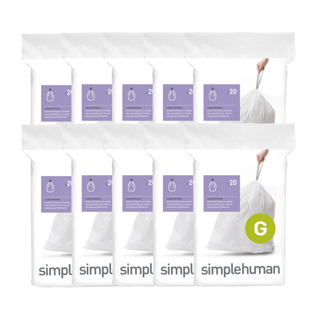 simplehuman Code G 200 Count,Genuine Custom Fit Liners, Drawstring Trash Bags in Dispenser Packs, 30 Liter / 8 Gallon, White