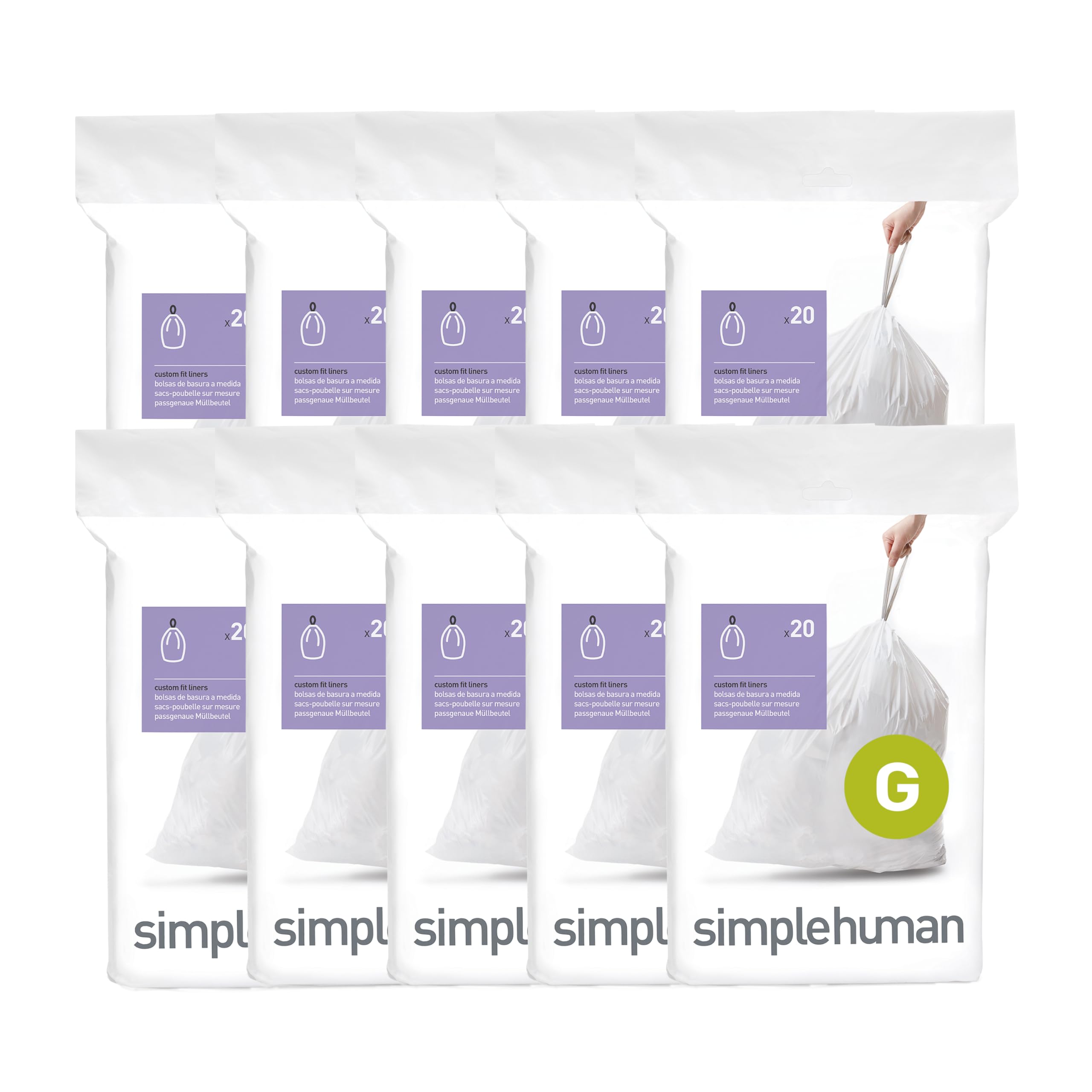 simplehuman Code G 200 Count,Genuine Custom Fit Liners, Drawstring Trash Bags in Dispenser Packs, 30 Liter / 8 Gallon, White
