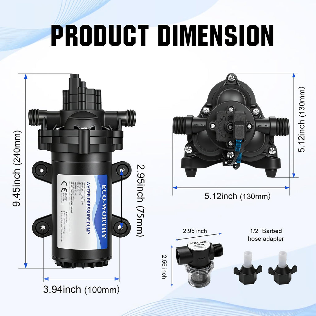 ECO-WORTHY 33-Series Industrial Water Pressure Pump 110V AC 4.0GPM 50PSI RV Fresh Water Diaphragm Pump include Garden Hose Adapters for Irrigation Marine Boat Sprinkler Faucet