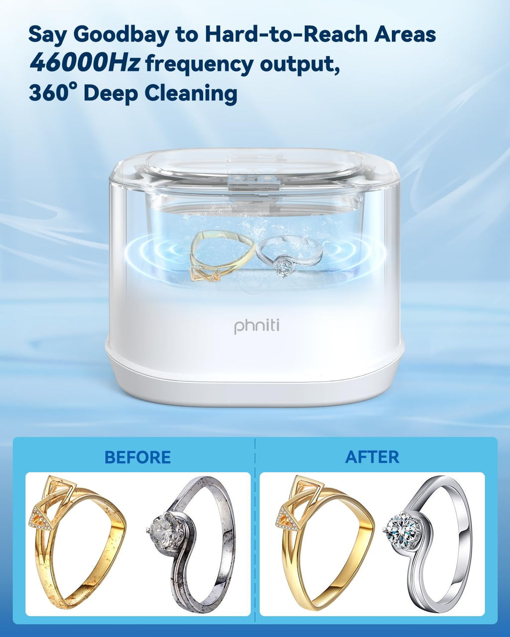 Ultrasonic Jewelry Cleaner, Phniti 46kHz Professional Portable Ultrasonic Retainer Cleaner Machine with Timer for Dental Retainer, Mouth Guard, Watch, Ring, Diamond - Household Use, White