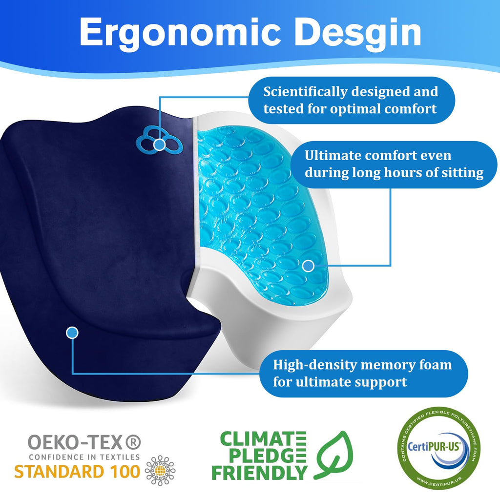 CushyOasis Seat Cushion, Chair Cushions, Office Chair Cushions, Anti-Slip Bottom & Removable Cover Tailbone Pain Relief Cushion, Memory Foam Seat Cushion, 5.28 in Thick (Blue)