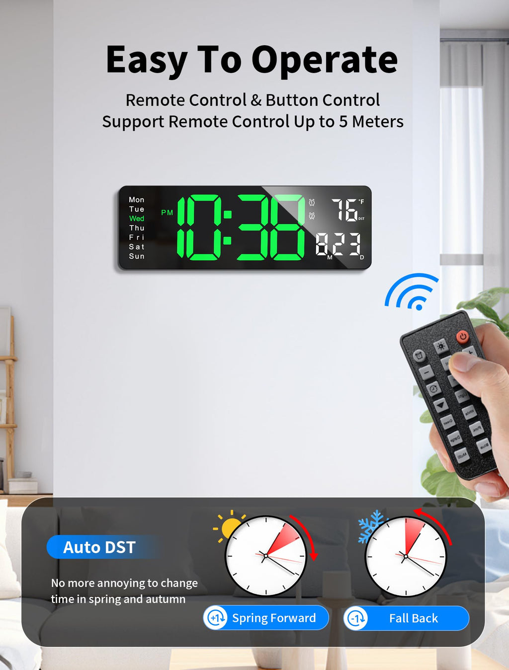 MASHI Digital Wall Clock, 17.3" Large Display Digital Clock with Remote Control, Auto-Dimming Wall Clock with Night Light, DST, Date Week,Temp for Living Room, Bedroom, Decor, Gift for Elderly