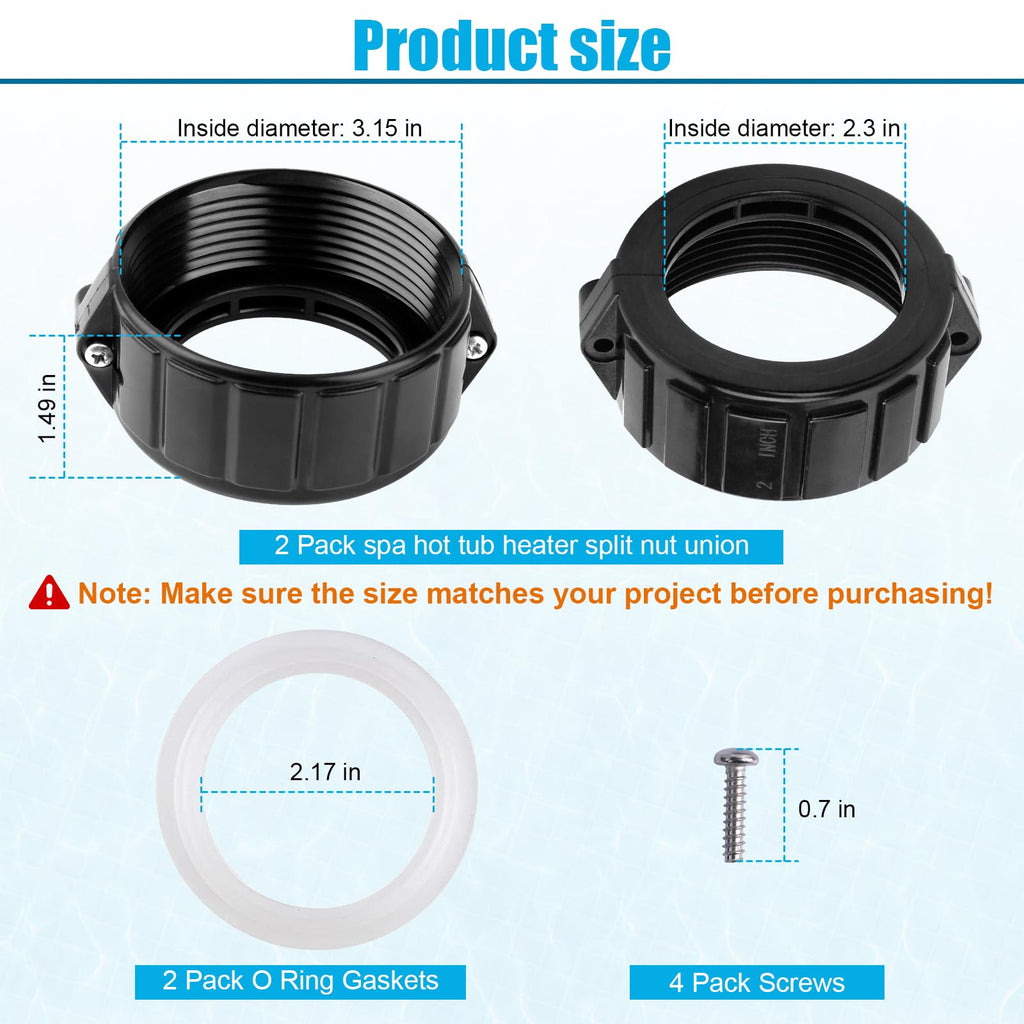 UASAM 2" Spa Hot Tub Heater Split Nut Unions with Screws & Heater Gasket, Split Nut for Hot Tub and Spa Replacement Part, Suitable for 2-inch Heater Assemblies - 2 Pack