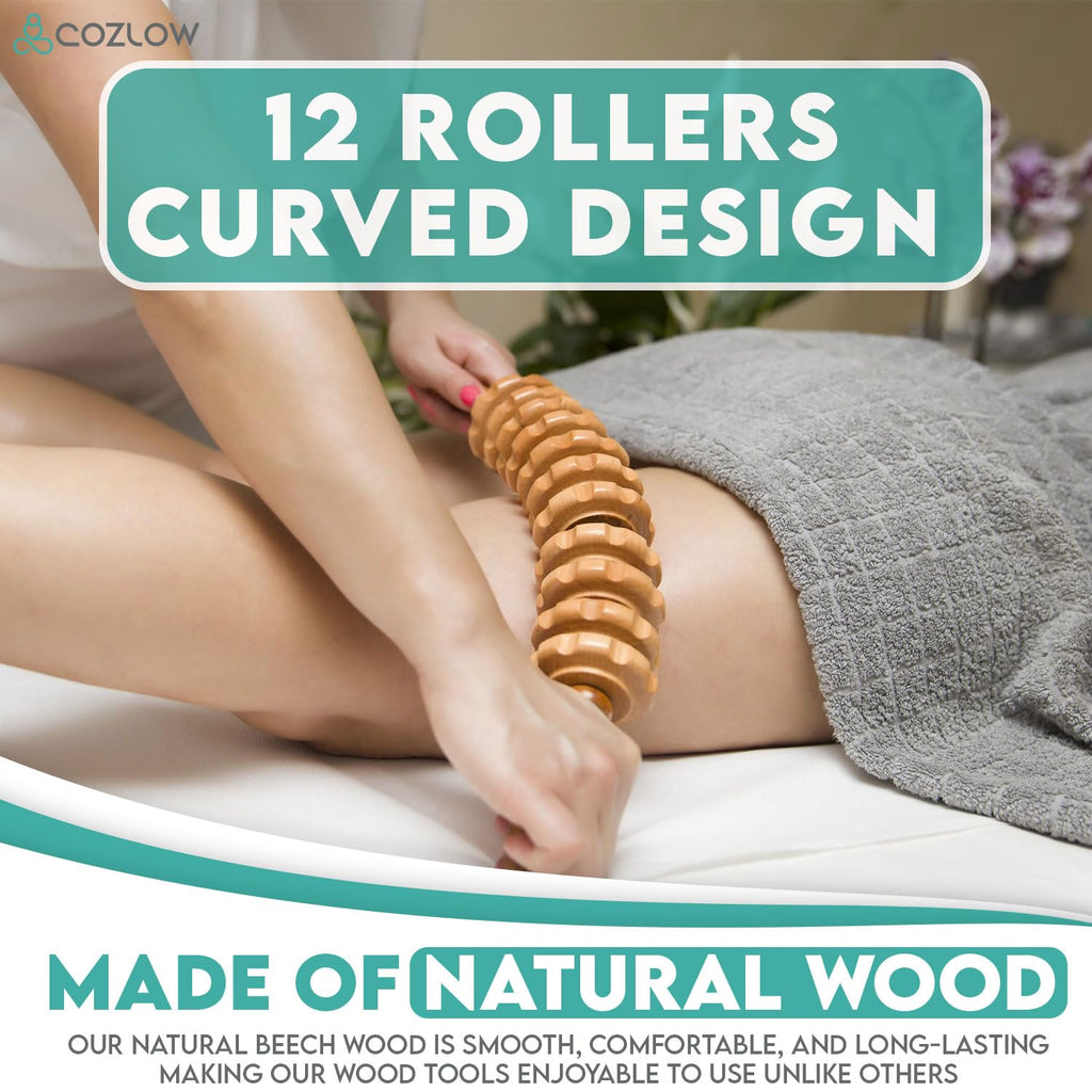 COZLOW 6-in-1 Wood Therapy Massage Tools, Professional Maderoterapia Kit for Body Shaping & Sculpting, Lymphatic Drainage Massage Rollers w/Wooden Cup & Scraper for Reducing Cellulite Appearance