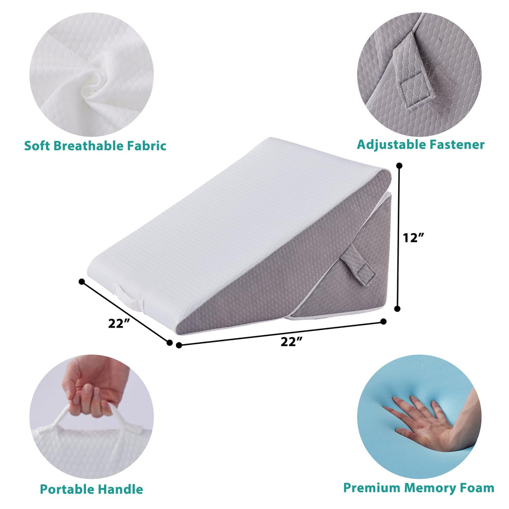 Bedluxe Wedge Pillow for Sleeping, Adjustable 9&12 Inch Foldable Bed Wedge Pillow Set, Orthopedic Memory Foam Triangle Pillow Wedge, 7-in-1 Elevated Pillows for Leg and Back Support, White/Grey