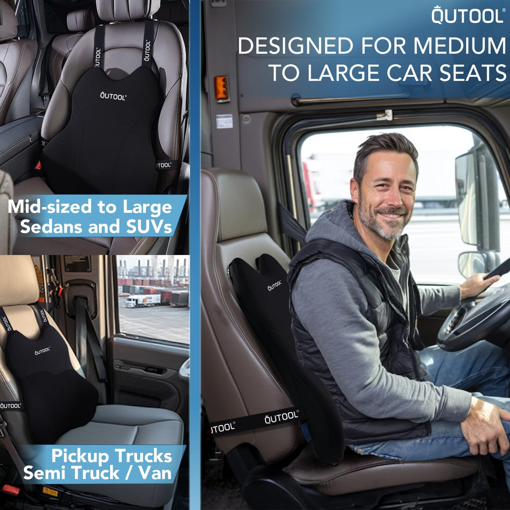 QUTOOL Lumbar Support Pillow for Car/Office Chair, Memory Foam Back Cushion for Car Seat, Back Pain Relief Adjustable Strap and Washable Cover, Lower Back Pillow Fits Most Cars, Trucks (Black)