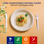 JOLLY CHEF Compostable Heavy Duty Plates 9 Inch [100 Pack] Eco-Friendly Disposable Natural Paper Plates Bagasse Biodegradable Plates Bulk for Party Dinner Sugarcane Fibers Round Plates(Brown)