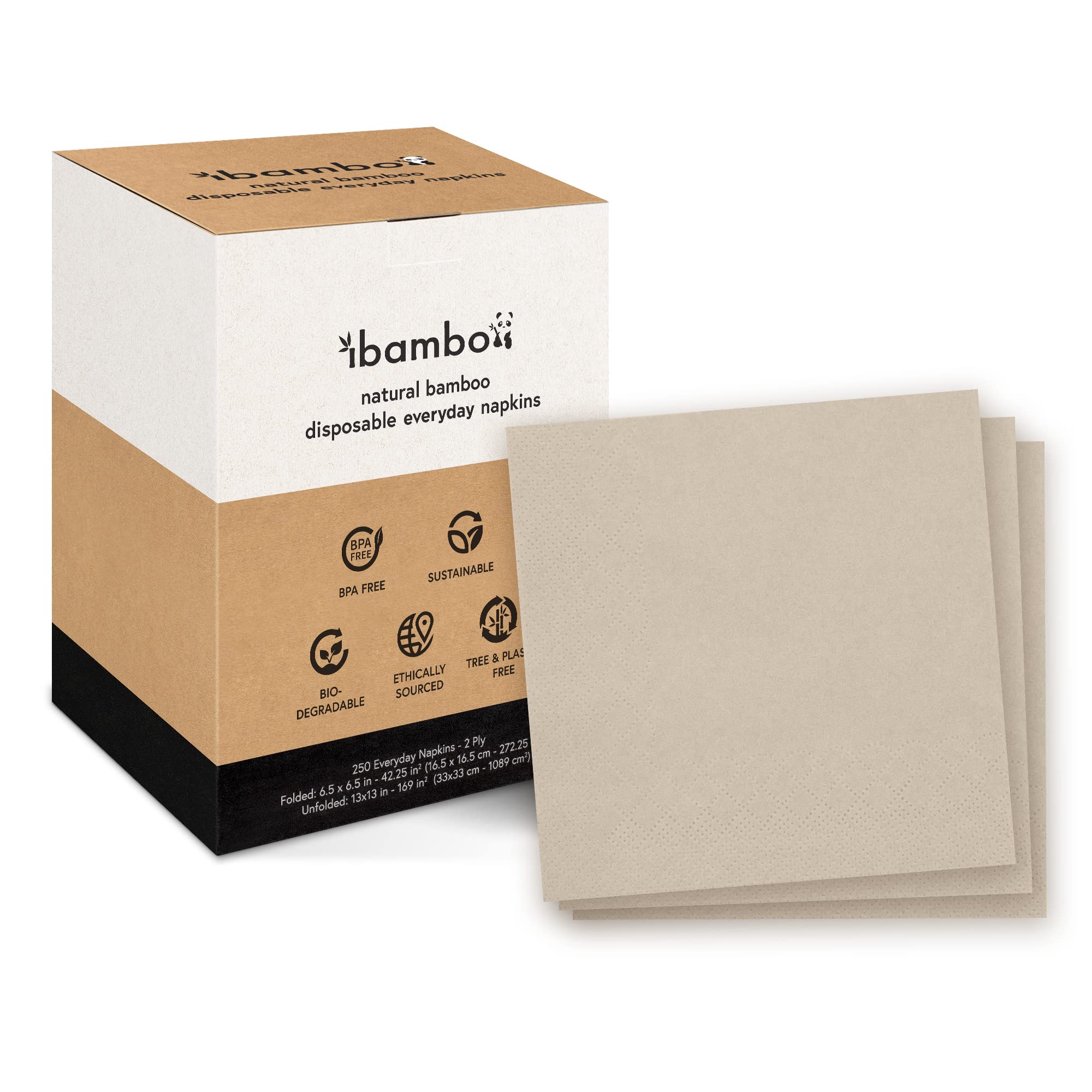 Ibambo 250 Pack 100% Bamboo Everyday Napkins - 2-Ply FSC Certified Lunch & Dinner Napkins | Bamboo Napkins for Home or Commercial Use - 6.5x6.5 Inch Folded Disposable Napkins | Compostable Napkins