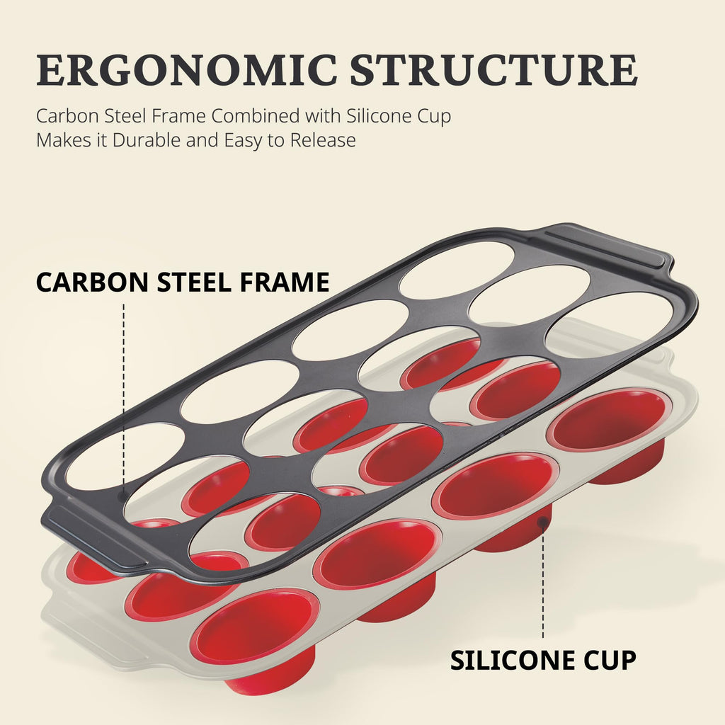 BRONYPRO Silicone Muffin Pans for Baking with Metal Frame, Egg Bite Molds, Cupcake Pans 12 Regular Size, Muffin Tins Easy to Pop Nonstick Non Toxic Bakeware for Oven, Red