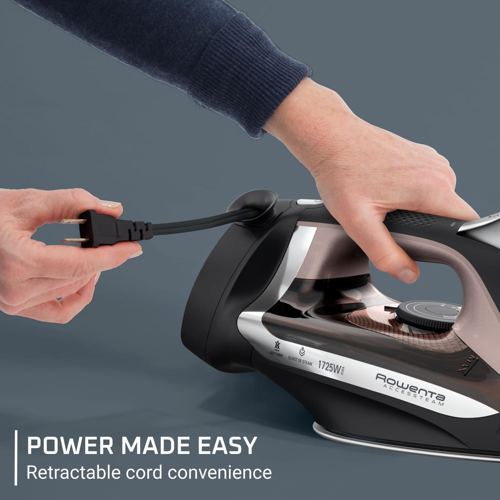 Rowenta, Iron, Access Stainless Steel Soleplate Steam Iron with Retractable Cord, Powerful Steam Diffusion, Auto-off, Anti-Drip, 1725 Watts, Ironing, Black Clothes Iron, DW2459