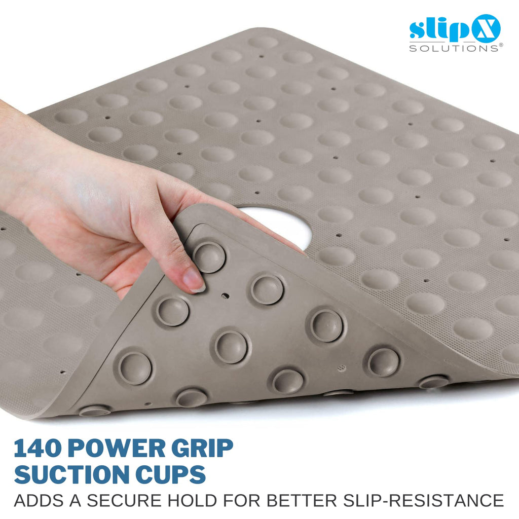 SlipX Solutions Microban-Infused Rubber Shower Mat, 21" x 21" | Anti-Slip Square Bath Mat w/ 140 Power Grip Suction Cups | Tan