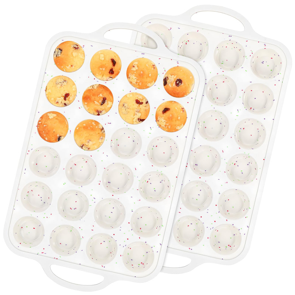 Fimary Muffin Pans With Metal Reinforced Frame - 24 Cups Durable Silicone Baking Pan for Muffins, Cupcakes, BPA Free and Dishwasher Safe - Beige with Rainbow Spots, Set of 2