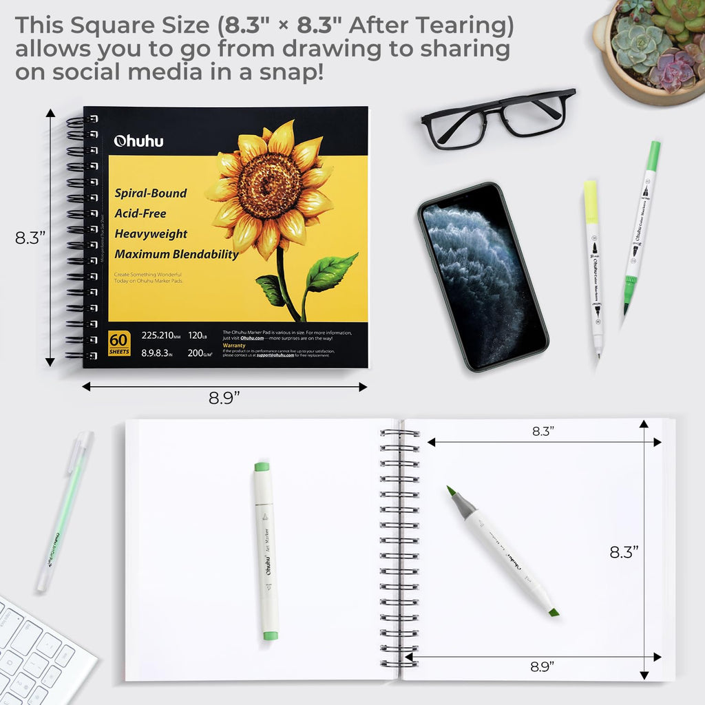 Art Marker Paper Pad, Ohuhu 8.9"x8.3" Portable Square Size, 120 LB/200 GSM Drawing Papers, 60 Sheets/120 Pages, Spiral Bound Drawing Book for Alcohol Markers Christmas Gift