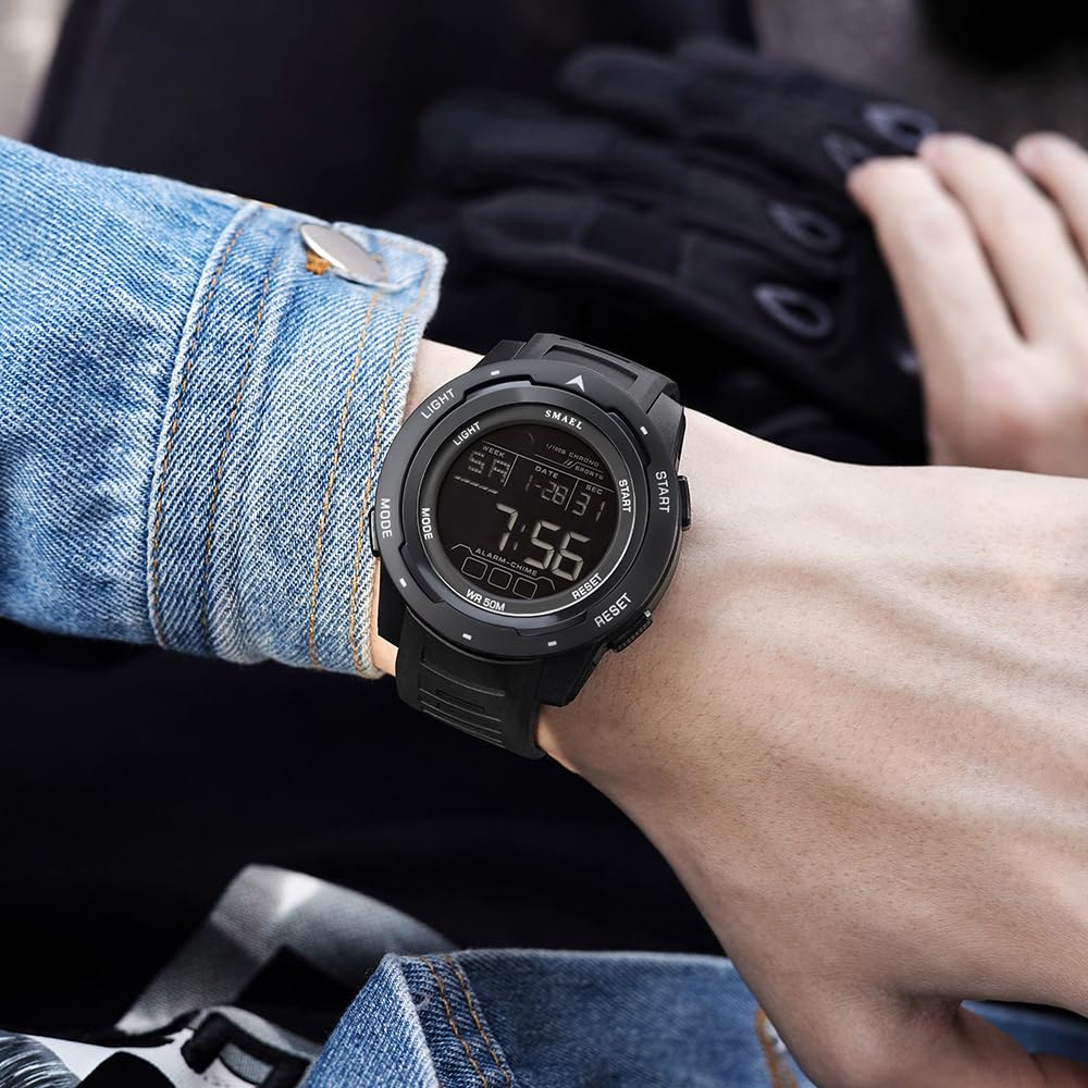 Men's Watches Sports Outdoor Waterproof Military Watch Date Multi Function Tactics LED 46mm Face Alarm Stopwatch for Men (8105 Black All)
