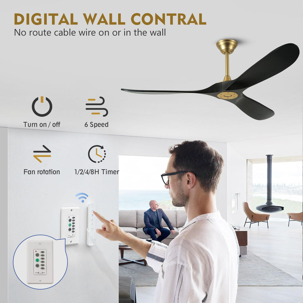60 Inch Ceiling Fan without Light, Outdoor Ceiling Fans for Patios with Wall Control and Remote Control, Black Gold Modern Farmhouse Ceiling Fan, 3 Blade Large Air flow Reversible DC Wood Ceiling Fan