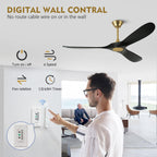 60 Inch Ceiling Fan without Light, Outdoor Ceiling Fans for Patios with Wall Control and Remote Control, Black Gold Modern Farmhouse Ceiling Fan, 3 Blade Large Air flow Reversible DC Wood Ceiling Fan