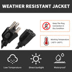 HONDERSON 15FT Outdoor Extension Cord-16/3 SJTW Durable Black Extension Cable with 3 Prong Grounded Plug for Safety,Great for Outside Christmas Decorations