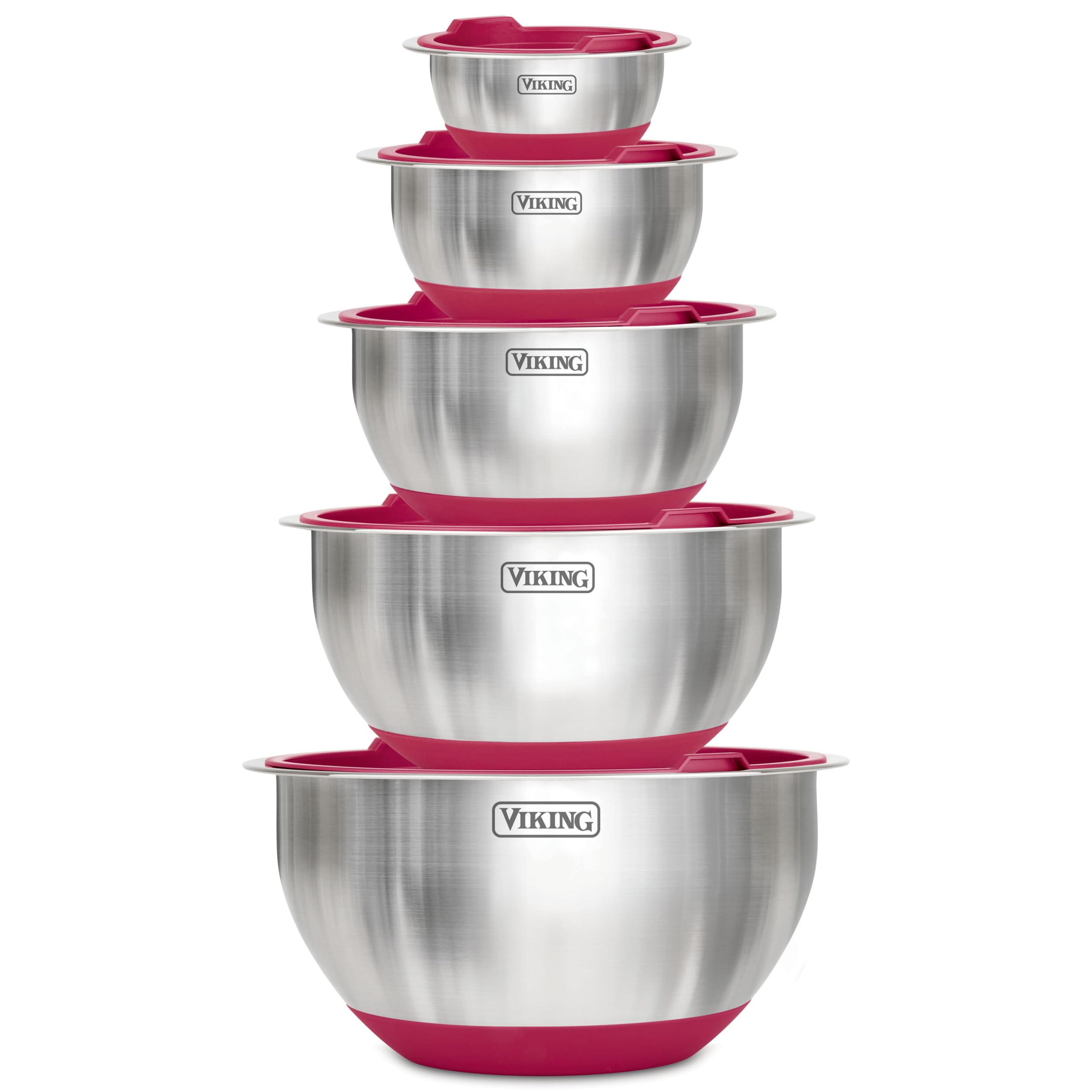 Viking Mixing Bowls Set, 10 Piece Stainless Steel Kitchen Cookware, Non-Slip Silicone Base, Includes Tight Fit Lids, Dishwasher Safe, Red